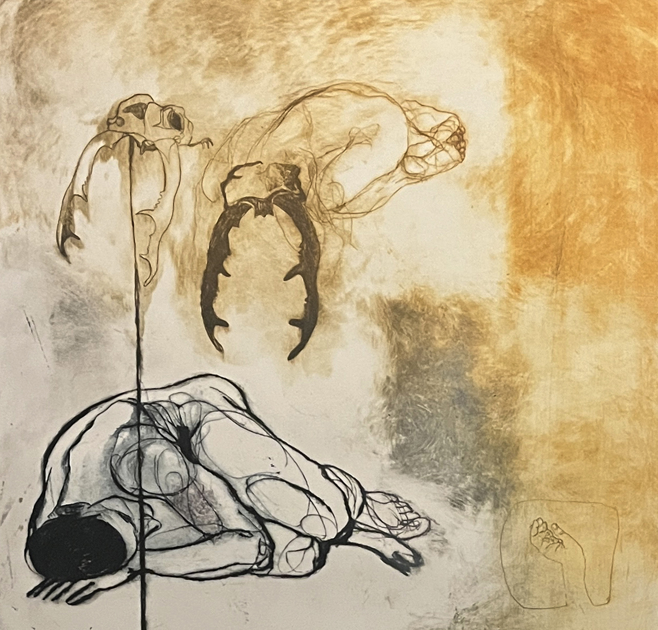 Alt er fyldt af guder III, koldnaal på akrylplade, monoprint på Fabriano 220 gr., 35 x 40 cm.