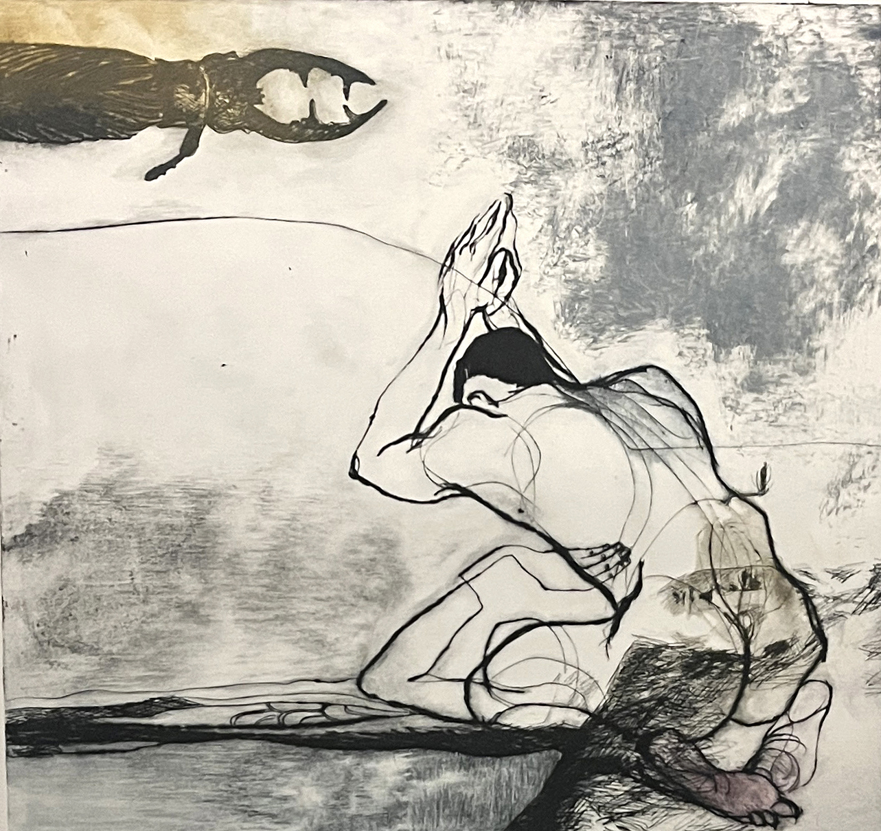 Alt er fyldt af guder II, koldnaal på akrylplade, monoprint på Fabriano 220 gr., 35 x 40 cm.