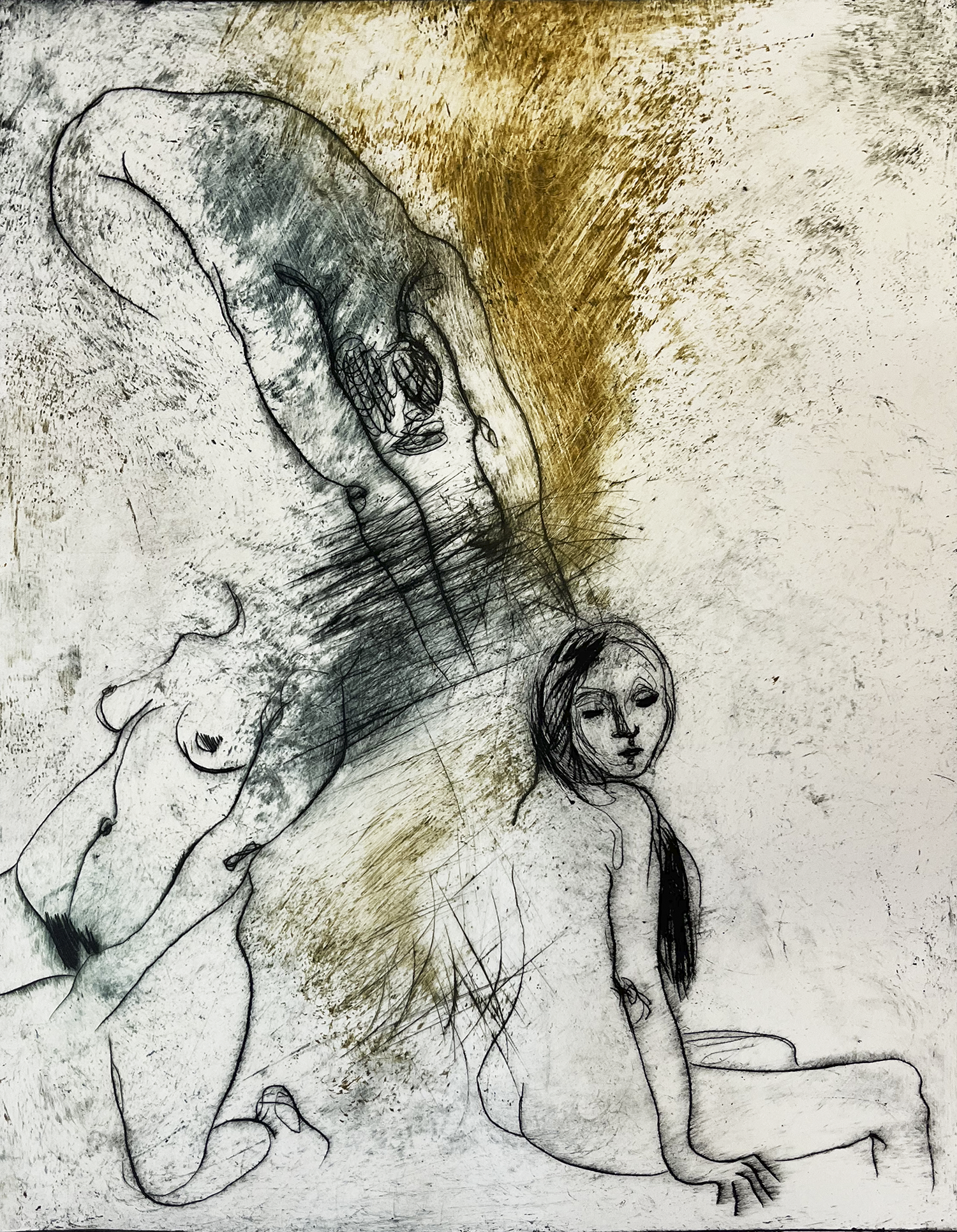 Interaktion, koldnål på akrylplade, trykt på Hahnemühle 220 g, 25 x 35 cm