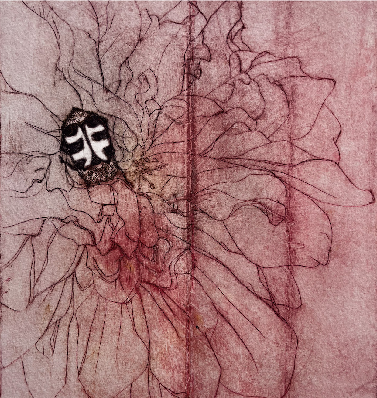 Humlebille, koldnål på tetrapak, monoprint, 14 x 15 cm