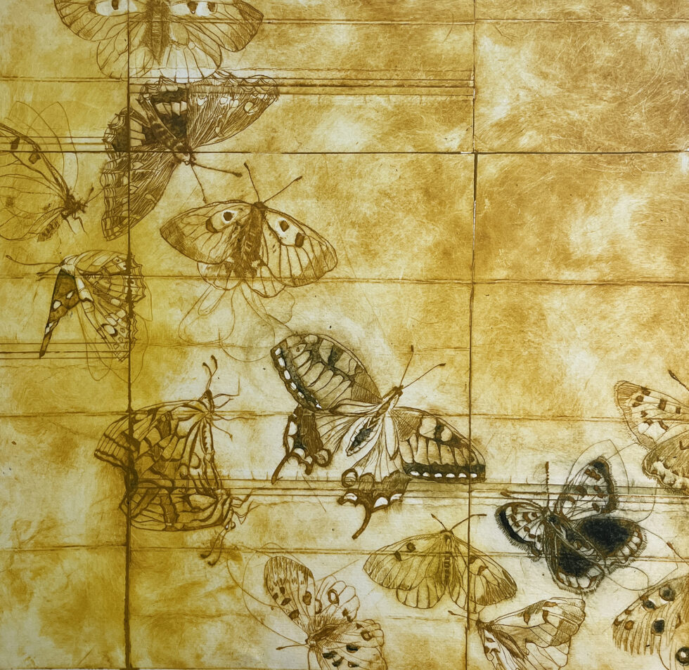 I sollyset, koldnål, monoprint, 35 x 36 cm